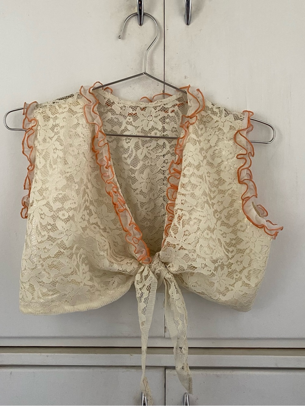 VTG 1970s Handmade Ivory/Cream Lace & Orange Ruffle Wrap Crop Top Blouse - S/M